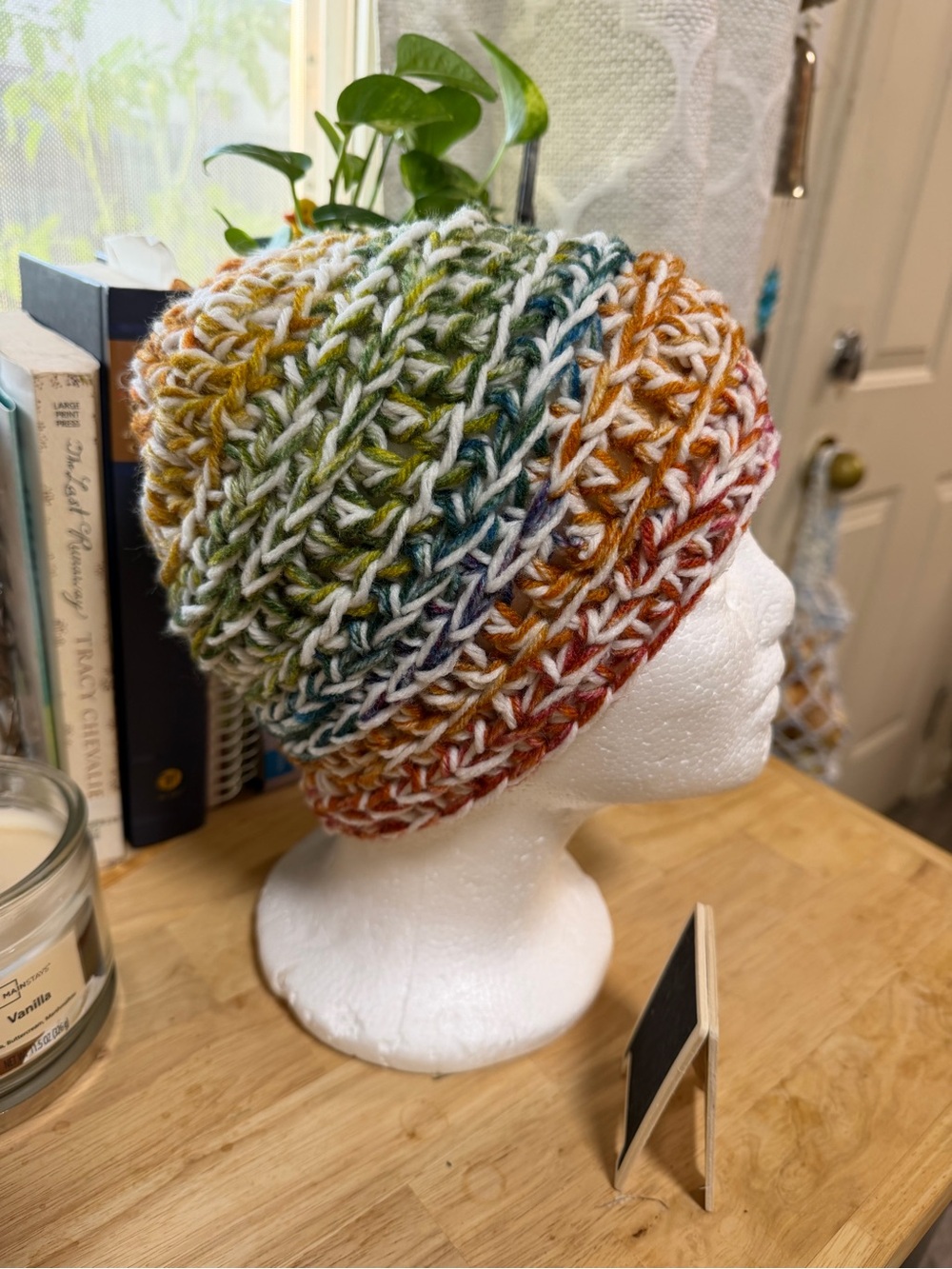 Hand Crafted Multicolor Knit Slouchy Beanie - Green Blue Yellow Orange Red Cream